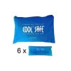Blaue Aufbewahrungstasche mit COOL*SAFE-Logo aus Stoff, in der sechs Kühlakkus enthalten sind. Vor der Tasche liegt ein einzelner rechteckiger Kühlakku zur Ansicht.