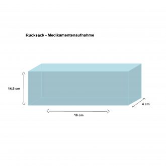 Maßgrafik der Innentasche der Rucksäcke. Rechteck mit den angegebenen Maßen: 16 cm Länge, 4 cm Breite, 14,5 cm Höhe.