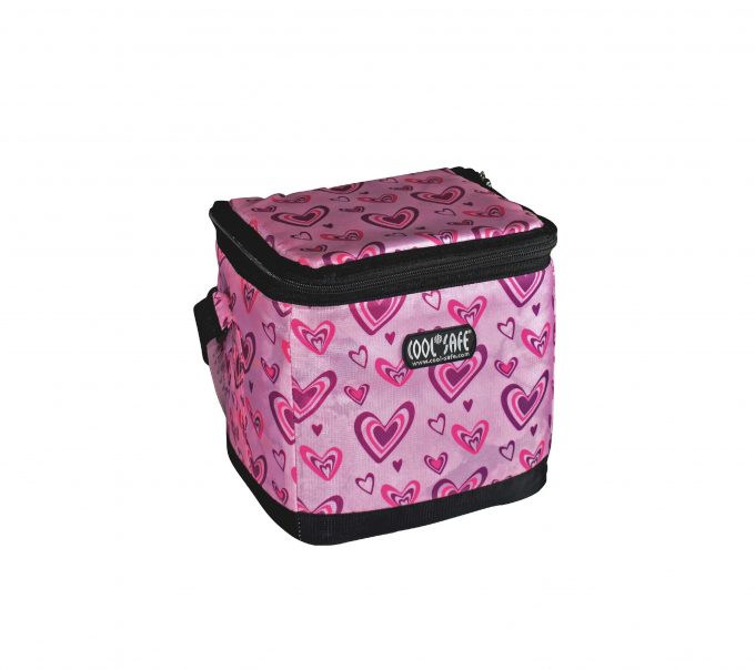 COOL*SAFE-Kühltasche in der Größe S, mit pinkem Stoff und Herzchenmuster, schwarzem Reißverschluss und Schultergurt.