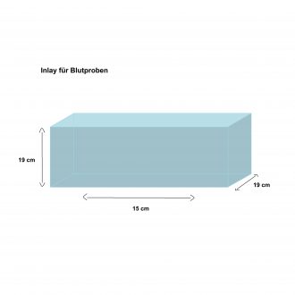 Maßgrafik der Innentasche für Blutproben. Rechteck mit den angegebenen Maßen: 19 cm Länge, 15 cm Breite, 19 cm Höhe.