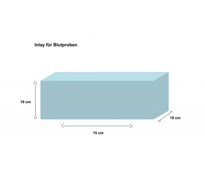Maßgrafik der Innentasche für Blutproben. Rechteck mit den angegebenen Maßen: 19 cm Länge, 15 cm Breite, 19 cm Höhe.