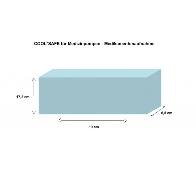 Maßgrafik der Innentasche Modell für Medizinpumpen. Rechteck mit den angegebenen Maßen: 19 cm Länge, 6,5 cm Breite, 17,2 cm Höhe.