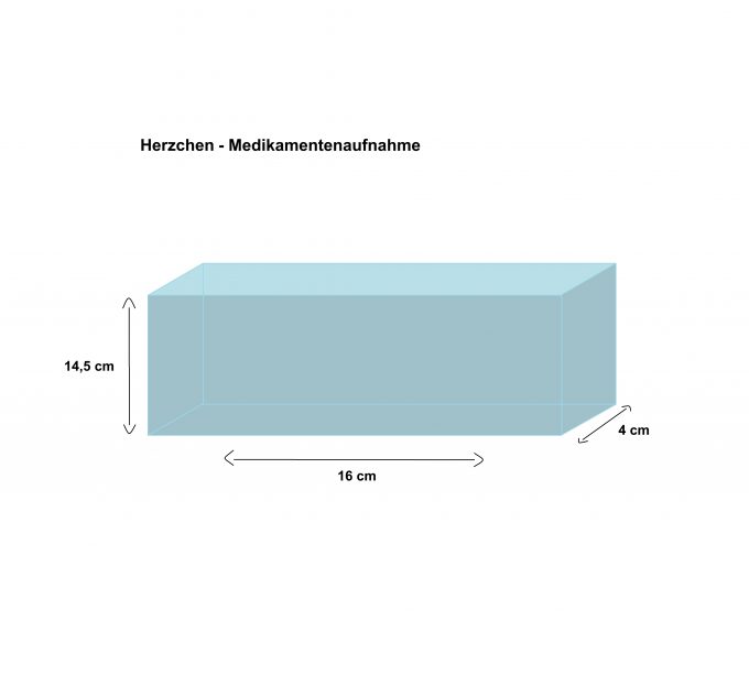 Maßgrafik der Innentasche Modell Herzchen. Rechteck mit den angegebenen Maßen: 16 cm Länge, 4 cm Breite, 14,5 cm Höhe.