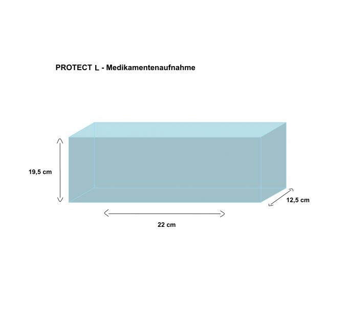 Maßgrafik der Innentasche Modell Protect L. Rechteck mit den angegebenen Maßen: 22 cm Länge, 12,5 cm Breite, 19,5 cm Höhe.