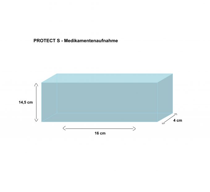 Maßgrafik der Innentasche Modell Protect S. Rechteck mit den angegebenen Maßen: 16 cm Länge, 4 cm Breite, 14,5 cm Höhe.